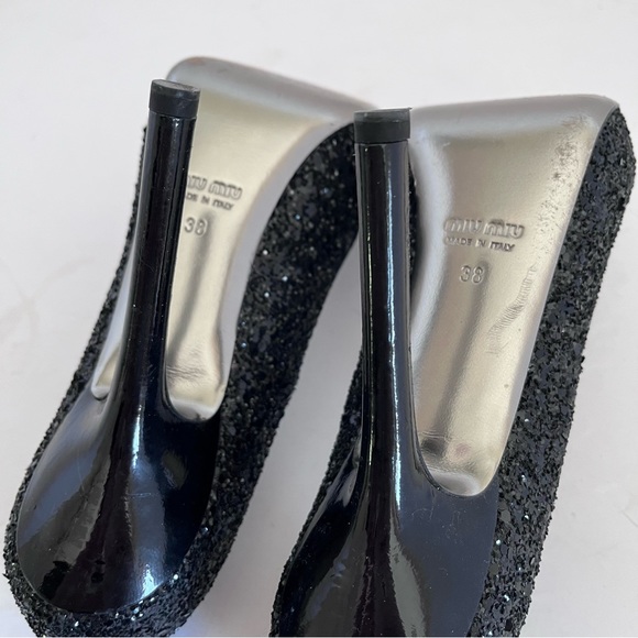 Miu Miu Prada Size 38 Black Glitter Round Toe Heels Pumps - Picture 16 of 16